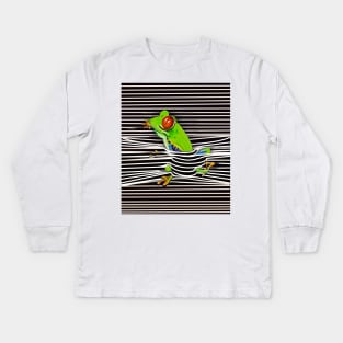 Frog Green Red eyed tree frog emerging from stripes rain forest science fiction gift Lizard dragon zoology Kids Long Sleeve T-Shirt